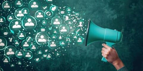 A hand holding a megaphone with glowing social media icons and people symbols on a dark green background, concept of marketing or advertising a social network service. - obrazy, fototapety, plakaty