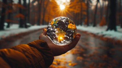   A hand, holding a glass globe, is situated in a forest with sunlight filtering through the trees - obrazy, fototapety, plakaty
