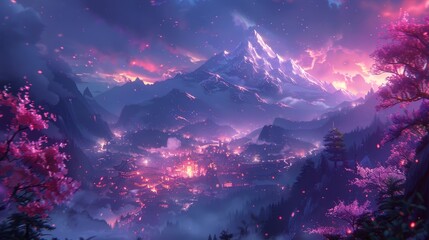   A painting of a mountain densely covered in trees in the foreground, contrasted by a purplish sky in the background - obrazy, fototapety, plakaty