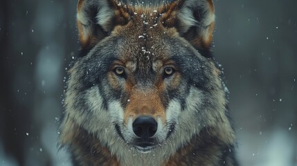   A wolf's face in close-up, covered in snow on its fur, against a blurred background