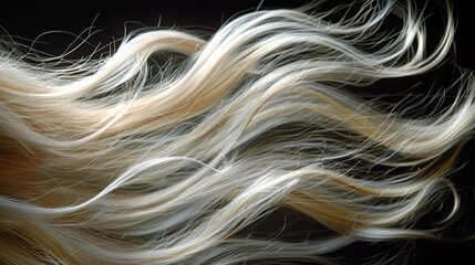   Close-up of long, blonde hair swaying in the wind against black backdrop