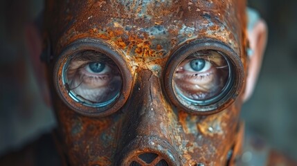   A tight shot of an individual donning a gas mask, their large blue eyes peering intently, and a nose ring adorned with a cross visibly hanging from the septum