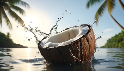  Cracked Coconut Falls from Tree into the Sea with a Splash of Water.
