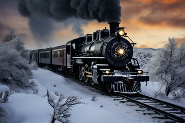 Chilly Steam locomotive winter smoke. Colorado rail. Generate Ai - obrazy, fototapety, plakaty