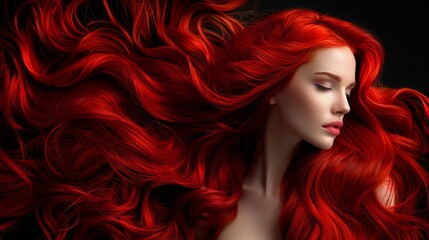   A tight shot of a woman with long scarlet hair and red accentuations on her face, red locks billowing in the wind