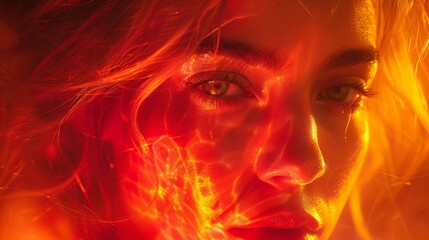 Fototapeta premium red and yellow light emanating from her eyes Hair billows in the wind
