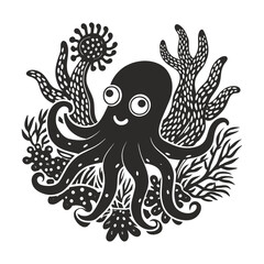 Quirky octopus swimming amidst coral reefs. Isolated on white background vector illustration