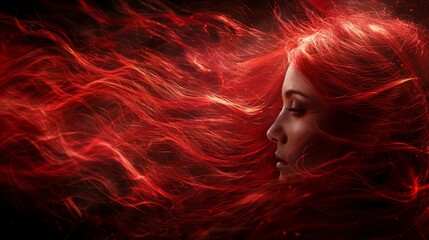   A woman with red hair is depicted in a tight shot against a black backdrop The wind causes her hair to billow dynamically