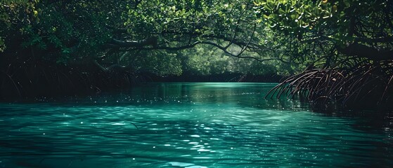 Sian Ka'an Serenity: Mangroves Cradling Tranquility. Concept Nature, Travel, Tranquility, Sian Ka'an, Mangroves - obrazy, fototapety, plakaty