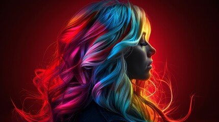   A digital painting of a woman with multicolored hair against a red backdrop
