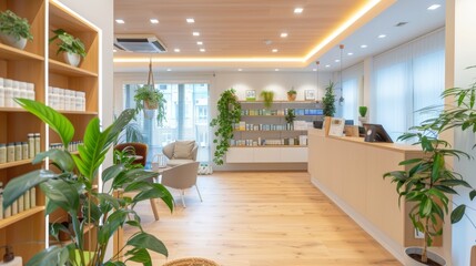 Modern wellness clinic reception with green plants. Natural light-filled spa lobby with a calming atmosphere. Concept of holistic health center, relaxation space, and organic design aesthetics.