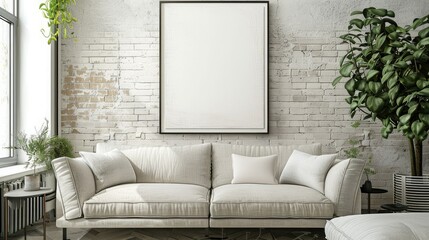 Large white empty poster frame sitting on an elegant cream colored sofa in front of a white brick wall. A modern living room features soft lighting, neutral colors and plants