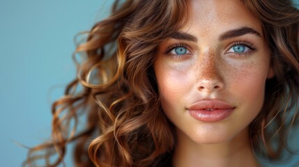   A tight shot of a woman's face adorned with freckles and framed by blue eyes