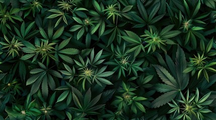 Cannabis leaf background, top view of green marijuana plant texture with dense foliage. Garden banner with hemp leaves for growing hemp in home garden.