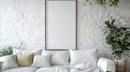 Large white empty poster frame sitting on an elegant cream colored sofa in front of a white brick wall. A modern living room features soft lighting, neutral colors and plants