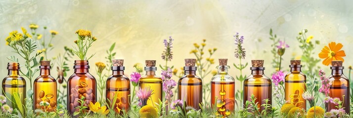 Array of glass vials with homeopathic pills and natural tinctures on lush backdrop of herbs and flowers. Variety of healing remedies. Concept of homeopathy, alternative medicine. Banner. Copy space - obrazy, fototapety, plakaty