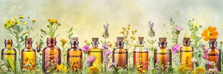 Fotobehang Array of glass vials with homeopathic pills and natural tinctures on lush backdrop of herbs and flowers. Variety of healing remedies. Concept of homeopathy, alternative medicine. Banner. Copy space © Jafree