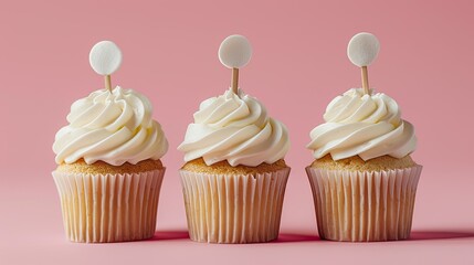 3 cupcakes with white frosting and round blank labels on the front are placed side by side, symmetrically, on a pastel pink background.