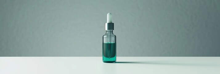 Glass dropper bottle with teal liquid on a white surface. Minimalist health product. Concept of cosmetic essence, skin care serum, essential oil, and modern apothecary. Banner with copy space