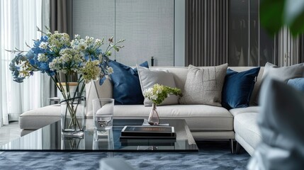 Minimalist living room features light grey, navy and silver coffee tables with metal legs and glass tops in the living room of an elegant modern French country style apartment.