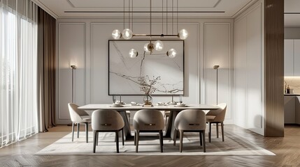 The contemporary dining room features white paneling, warm lighting and an elegant dining table for six. The space features a large painting on the wall above the buffet in neutral tones