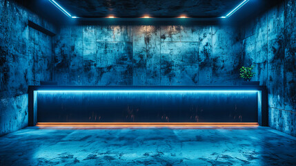 Futuristic Tunnel with Neon Lights, Glowing Blue Lines in Dark Corridor, Abstract Modern Club Design