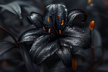 Generative AI imagines a black lily as the last remnant of life in a deceased world through the lens of camera - obrazy, fototapety, plakaty