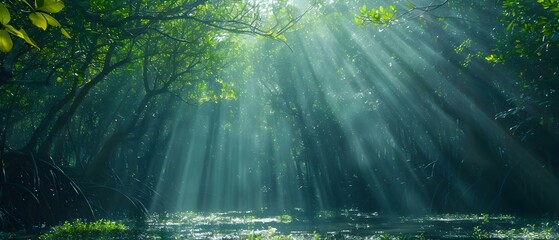 Ethereal Rays in Tranquil Komodo Mangroves. Concept Nature Photography, Landscape Captures, Ethereal Light, Komodo Island, Mangrove Ecosystem