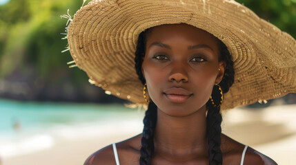 Beautiful African American woman in a straw hat against the backdrop of a sandy beach.