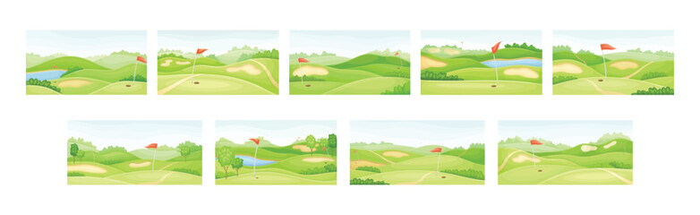 Green Golf Courses with Hole and Red Flag Pole Vector Set