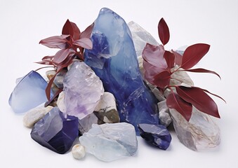 Blue and purple stones and red leaves on white background. Still life photography.