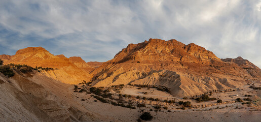 Panorama of Nahal Arugot from Kibbutz Ein Gedi in the Judean Desert.