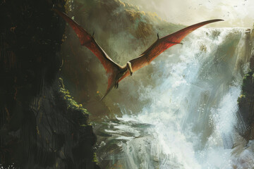 A dragon is flying over a waterfall
