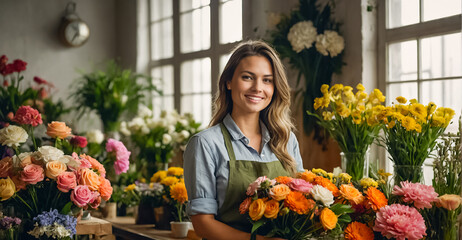 Portrait of a smiling girl florist in a flower shop - obrazy, fototapety, plakaty