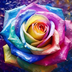 Rainbow rose with blue green purple petals and yellow center in low poly style on dark blue background