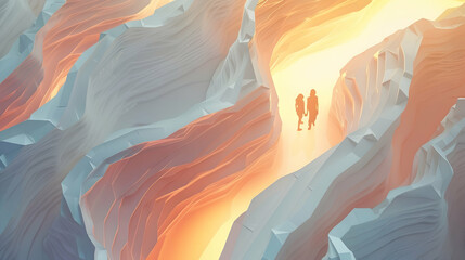 An abstract, geometric couple approaches a radiant light at the end of a surreal canyon, evoking a sense of discovery and hope.

