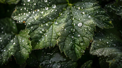 Macro detail of a green leaf with water droplets, highlighting intricate textures and the soothing aspects of nature.
