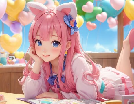 Dreamy anime character lounging with a contemplative gaze surrounded by colorful balloons, creating a whimsical and serene atmosphere.