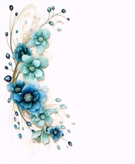 Blue and green flowers with dew drops on a beige background in a classic style