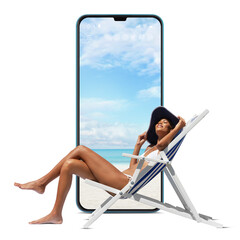 Happy woman at the beach on a beach deck chair, sunbathing, isolated with a mobile phone screen in the white background, concept a summer beach holiday, online shopping, booking travel, and resorts - obrazy, fototapety, plakaty