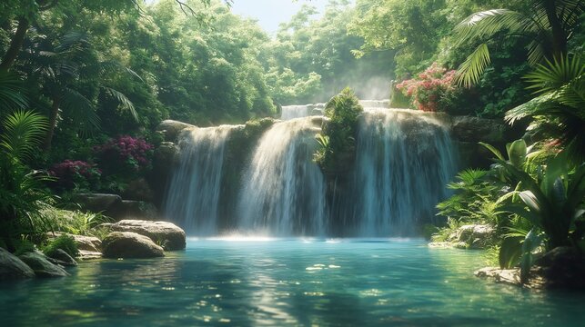 A waterfall surrounded by a dense jungle with lush greenery and rocks Generate AI	
