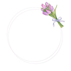 Watercolor spring flowers and branch wreath. Violet and pimk tulips  in round frame for label, logo, floral shop decoration design.