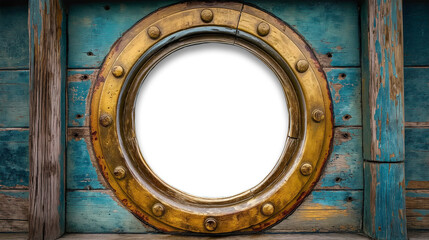 Vintage Aged Brass Ship Porthole Mounted on a Wooden Hull with a Transparent Background. Transparent PNG. Generative AI. - 780002137