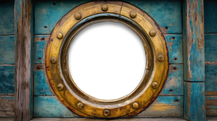 Vintage Aged Brass Ship Porthole Mounted on a Wooden Hull with a Transparent Background. Transparent PNG. Generative AI.