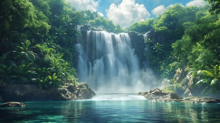 A waterfall surrounded by a dense jungle with lush greenery and rocks Generate AI	
 - obrazy, fototapety, plakaty
