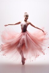 Graceful ballerina dancing in a pink tutu with a white background, pink powder, and a painterly style