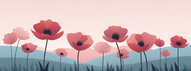 Delicate red poppies in a field at sunset, flat vector illustration