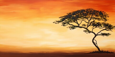 Minimalist painting of a lonely tree at sunset in the savanna, warm colors, digital art, silhouette, flat colors, African sunset.