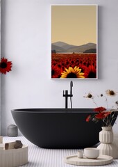 Black bathtub in bright bathroom with large framed photo of red flower field