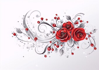 Three red roses with silver leaves and red gems on a white background in a modern art style.